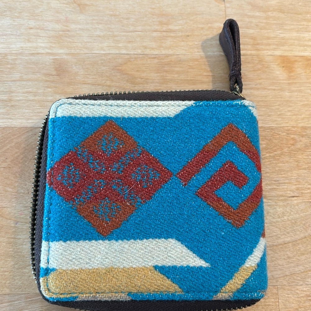 PENDLETON SMALL ZIP WALLET: Turquoise with Wool/Leather Aztec Western Cowgirl
